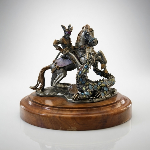 St.George Other - Vintage St. George Fighting the Dragon Bronze Statue Warrior Figurine Wood Base